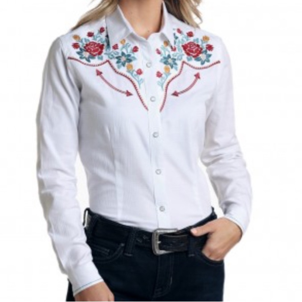 Panhandle Rough Stock Women's Embroidered White Western Shirt